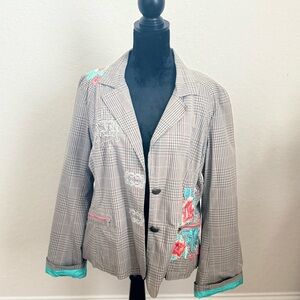 Johnny Was Gray and Red Blazer with Floral Embroidery